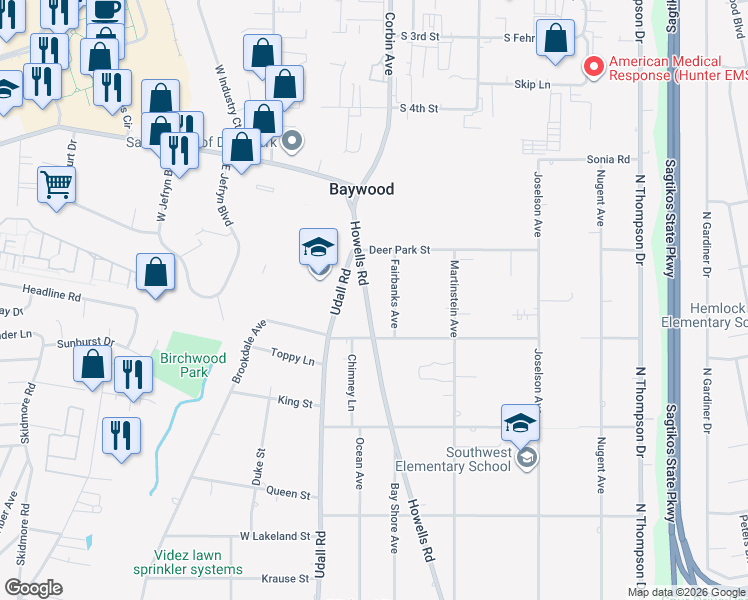 map of restaurants, bars, coffee shops, grocery stores, and more near 1229 Howells Road in Bay Shore