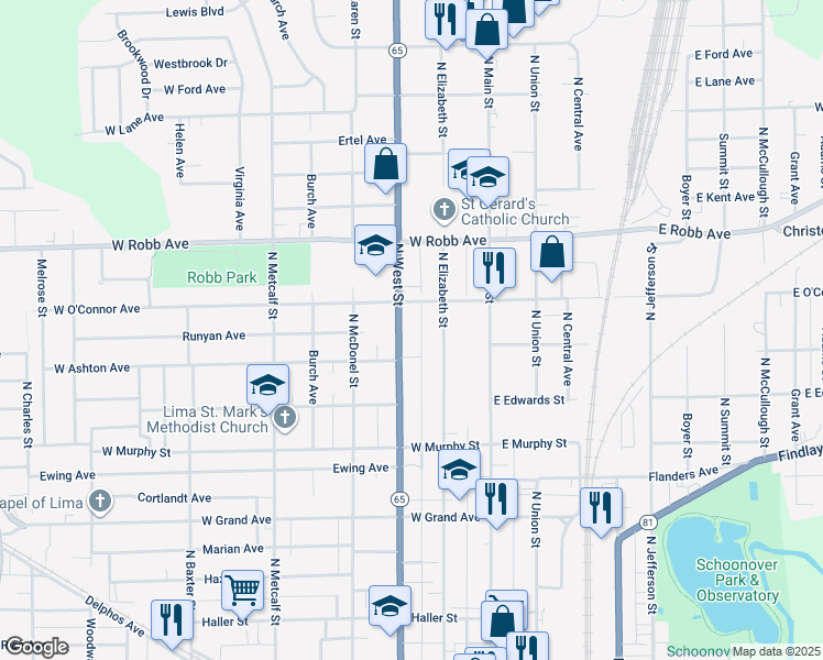 map of restaurants, bars, coffee shops, grocery stores, and more near 1020 North West Street in Lima