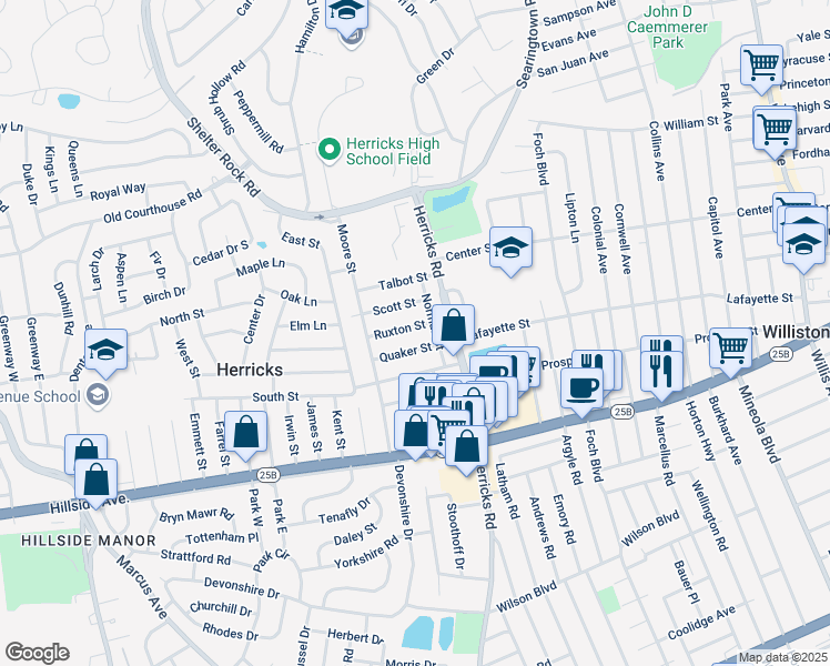map of restaurants, bars, coffee shops, grocery stores, and more near 40 Ruxton Street in New Hyde Park