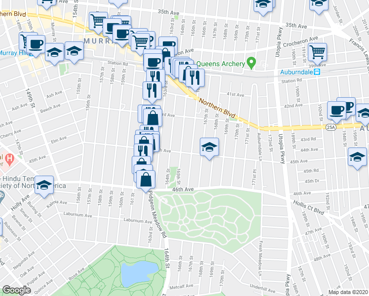 map of restaurants, bars, coffee shops, grocery stores, and more near 43-73 165th Street in Queens