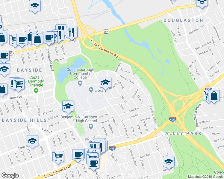 map of restaurants, bars, coffee shops, grocery stores, and more near 50-03 228th Street in Queens