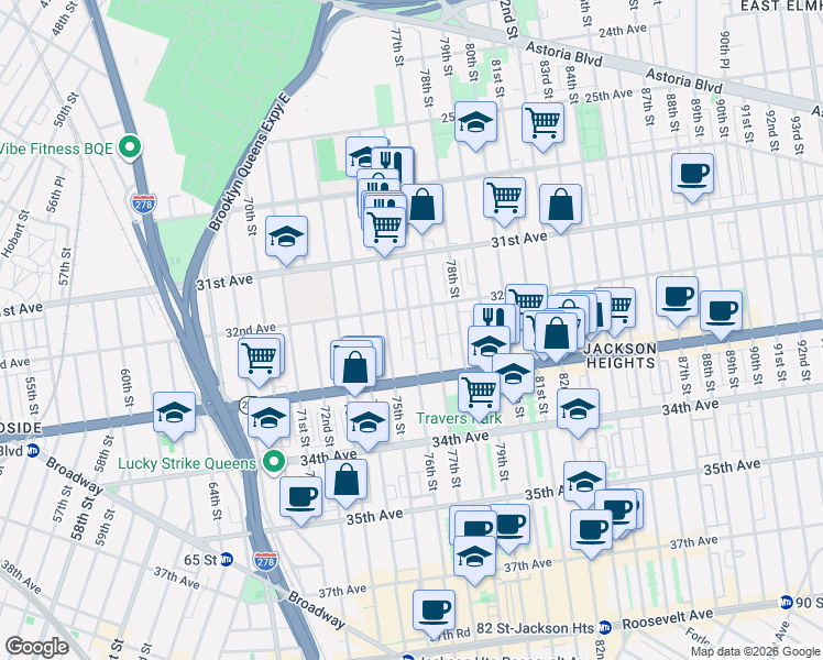 map of restaurants, bars, coffee shops, grocery stores, and more near 32-18 76th Street in Queens