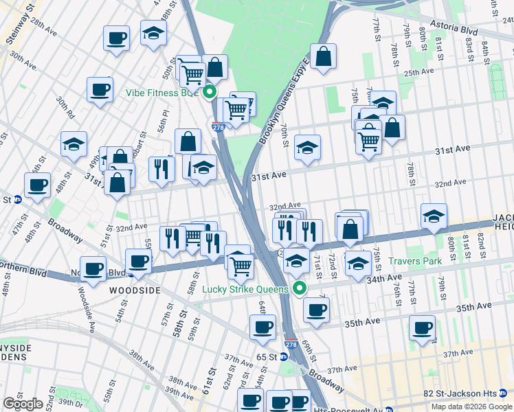 map of restaurants, bars, coffee shops, grocery stores, and more near 31-48 68th Street in Queens
