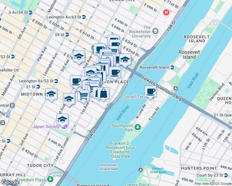 map of restaurants, bars, coffee shops, grocery stores, and more near 1 Sutton Place South in New York