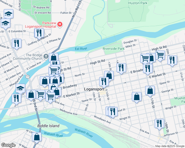 map of restaurants, bars, coffee shops, grocery stores, and more near 1101 North Street in Logansport