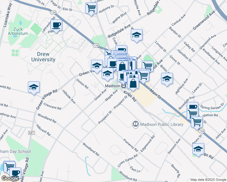 map of restaurants, bars, coffee shops, grocery stores, and more near 11 Maple Avenue in Madison