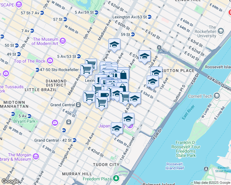 map of restaurants, bars, coffee shops, grocery stores, and more near East 51st Street in New York