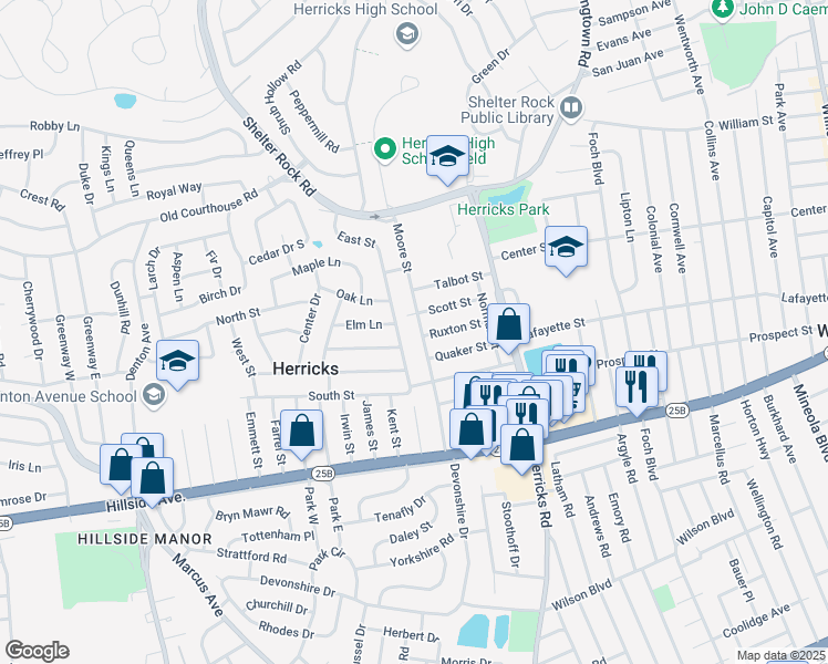 map of restaurants, bars, coffee shops, grocery stores, and more near 92 Moore Street in New Hyde Park
