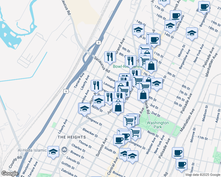 map of restaurants, bars, coffee shops, grocery stores, and more near 136 Grace Street in Jersey City