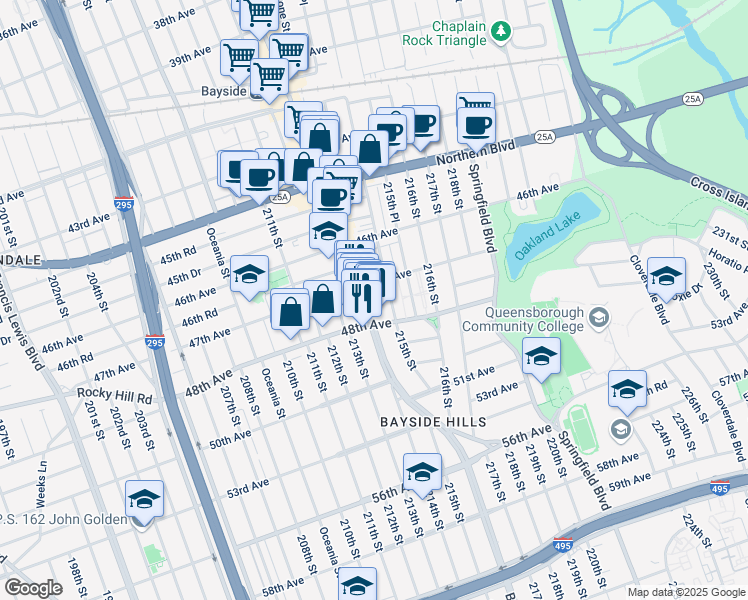 map of restaurants, bars, coffee shops, grocery stores, and more near 47-17 Bell Boulevard in Queens