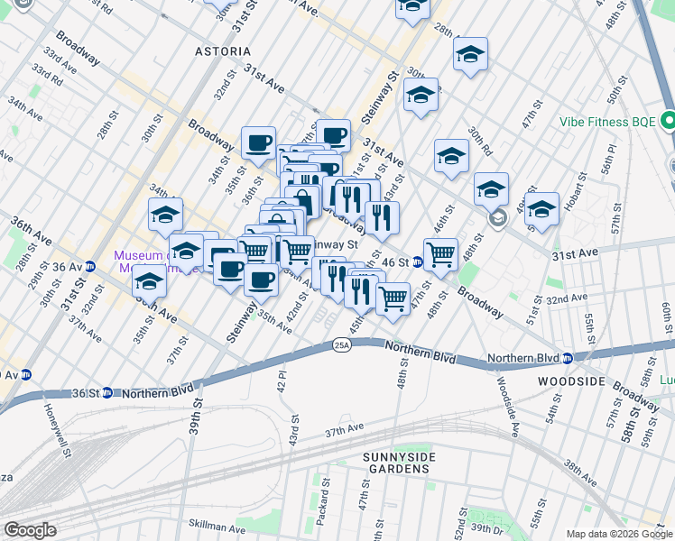 map of restaurants, bars, coffee shops, grocery stores, and more near 32-65 42nd Street in Queens