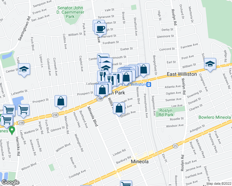 map of restaurants, bars, coffee shops, grocery stores, and more near 117 Hillside Avenue in Williston Park