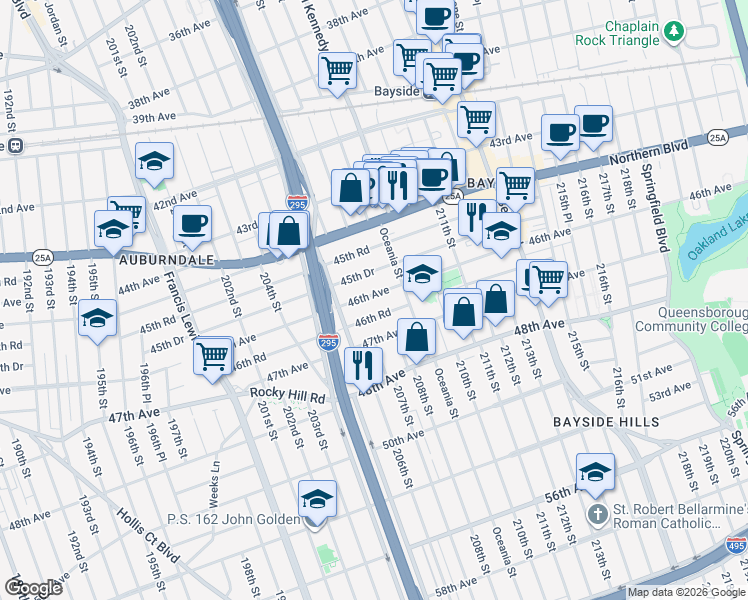map of restaurants, bars, coffee shops, grocery stores, and more near 42 46th Avenue in Queens