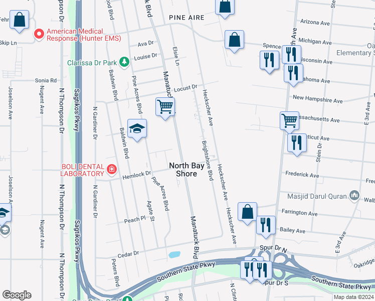 map of restaurants, bars, coffee shops, grocery stores, and more near 1595 Manatuck Boulevard in Bay Shore
