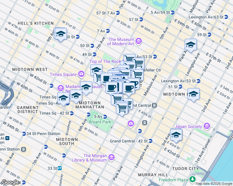 map of restaurants, bars, coffee shops, grocery stores, and more near 21 West 46th Street in New York