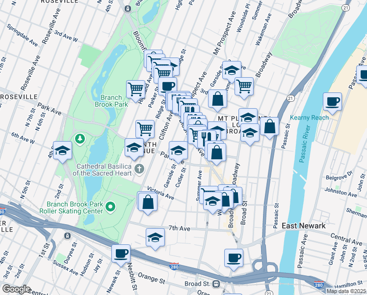 map of restaurants, bars, coffee shops, grocery stores, and more near 151 Garside Street in Newark