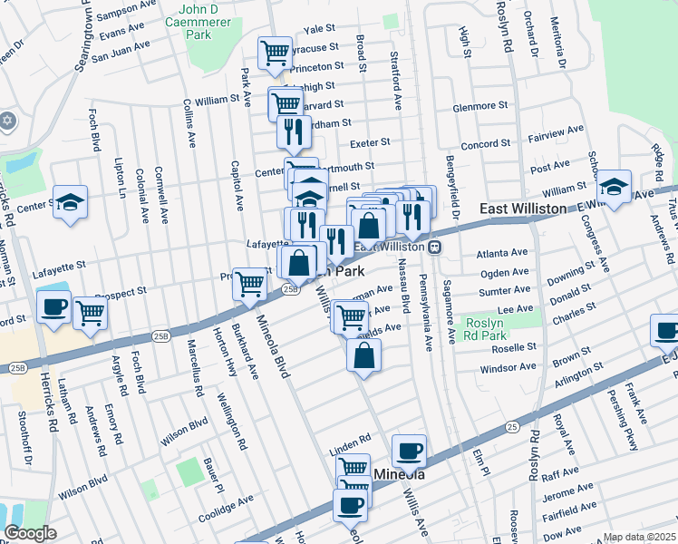 map of restaurants, bars, coffee shops, grocery stores, and more near 117 Hillside Avenue in Williston Park