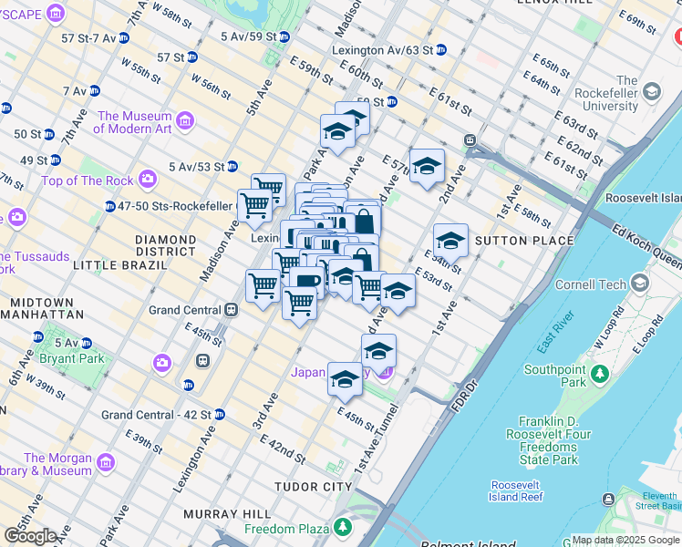 map of restaurants, bars, coffee shops, grocery stores, and more near 201 East 51st Street in New York