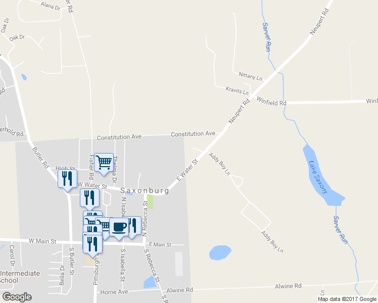 map of restaurants, bars, coffee shops, grocery stores, and more near 108 Harvey Lane in Saxonburg