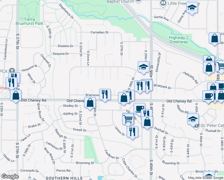 map of restaurants, bars, coffee shops, grocery stores, and more near 5619 Cottontail Circle in Lincoln
