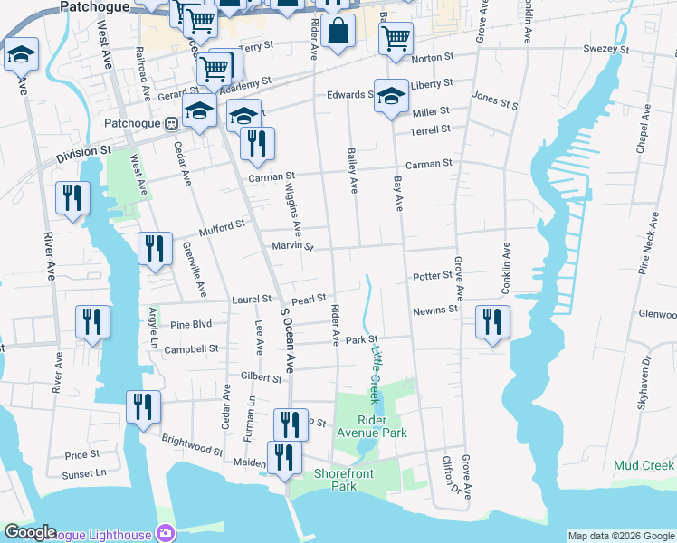 map of restaurants, bars, coffee shops, grocery stores, and more near 249 Rider Avenue in Patchogue