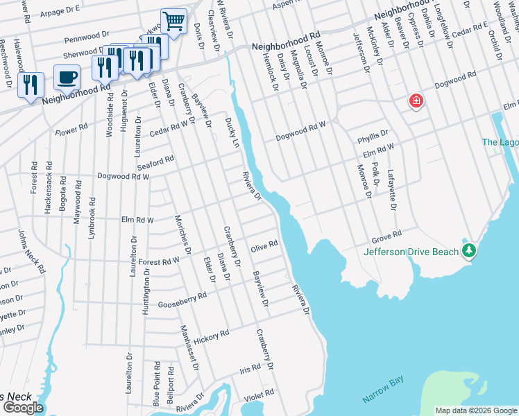 map of restaurants, bars, coffee shops, grocery stores, and more near 2 Maple Road West in Mastic Beach