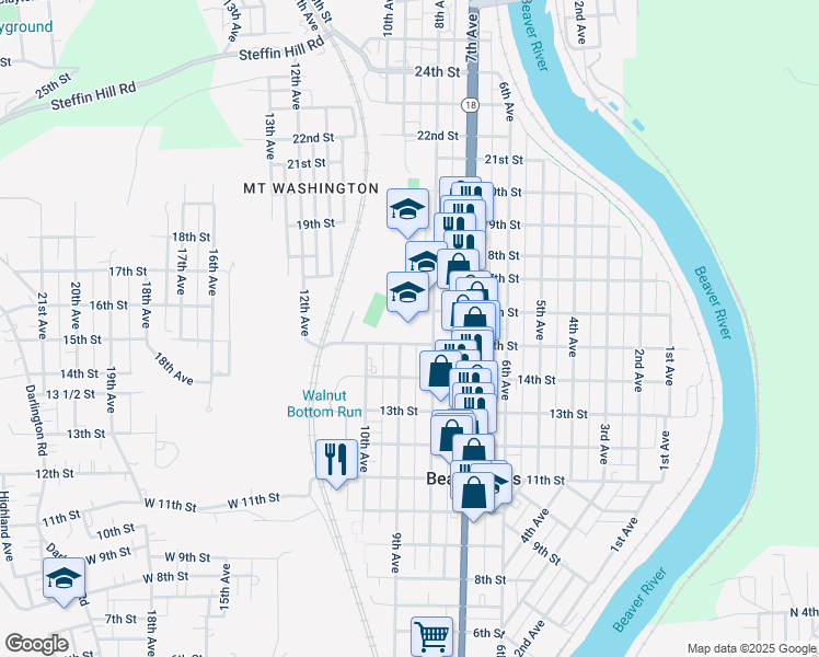 map of restaurants, bars, coffee shops, grocery stores, and more near 805 15th Street in Beaver Falls