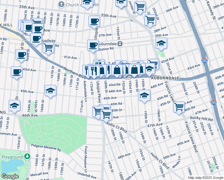 map of restaurants, bars, coffee shops, grocery stores, and more near 189-19 44th Avenue in Queens