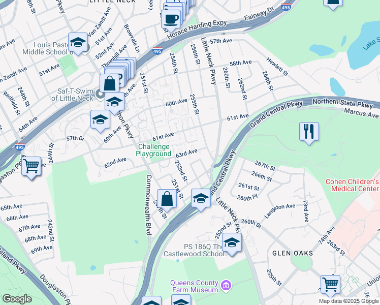 map of restaurants, bars, coffee shops, grocery stores, and more near 252-53 63rd Avenue in Queens