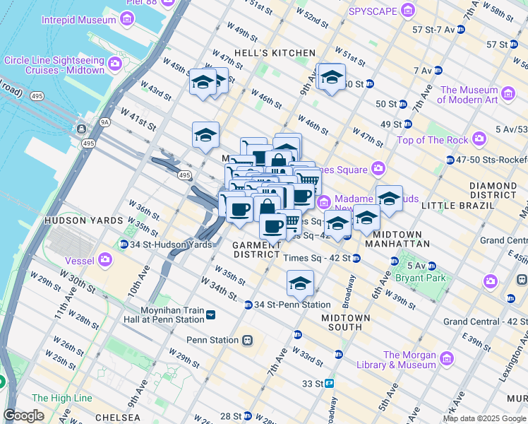 map of restaurants, bars, coffee shops, grocery stores, and more near 330 West 40th Street in New York
