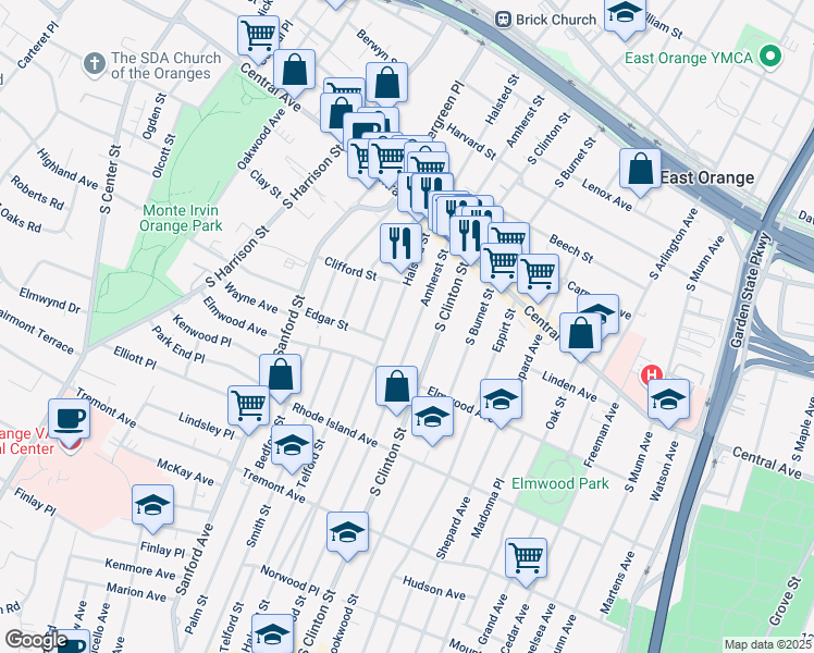 map of restaurants, bars, coffee shops, grocery stores, and more near 259 Amherst Street in East Orange