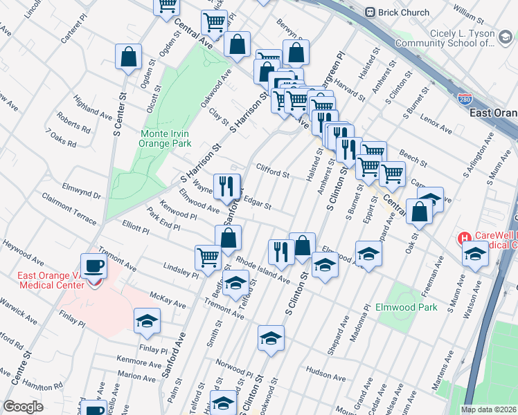 map of restaurants, bars, coffee shops, grocery stores, and more near 49 Edgar Street in East Orange