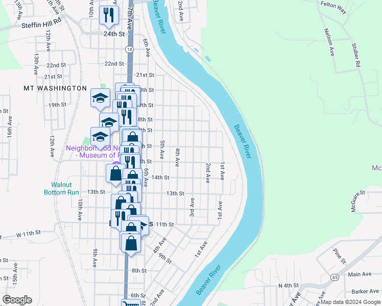 map of restaurants, bars, coffee shops, grocery stores, and more near 1517 3rd Avenue in Beaver Falls