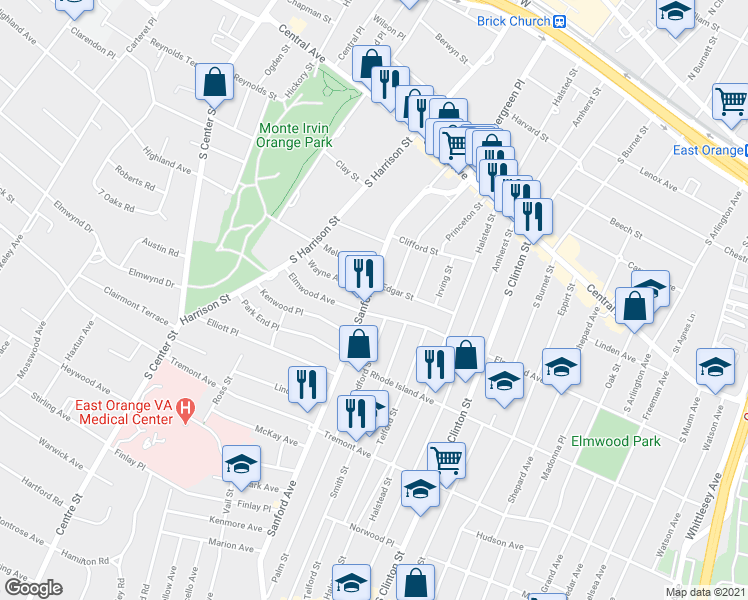 map of restaurants, bars, coffee shops, grocery stores, and more near 150 Sanford Street in East Orange