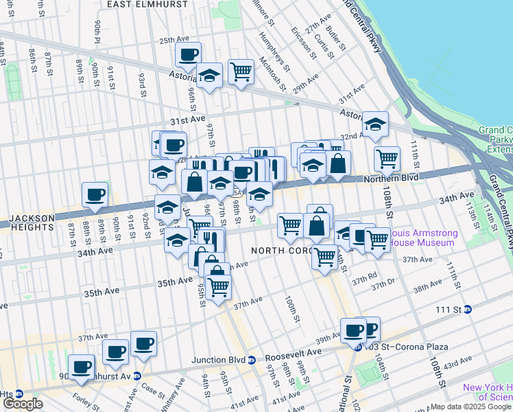 map of restaurants, bars, coffee shops, grocery stores, and more near 33-23 99th Street in Queens