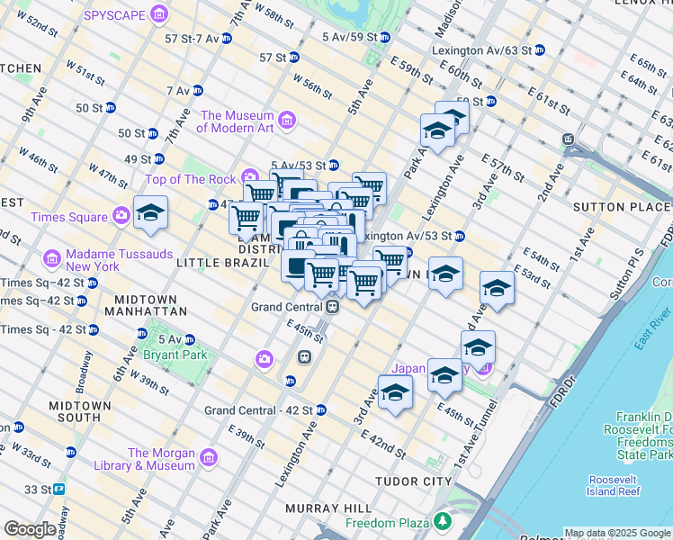 map of restaurants, bars, coffee shops, grocery stores, and more near 280 Park Avenue in New York