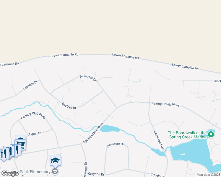 map of restaurants, bars, coffee shops, grocery stores, and more near 156 Bluecrest Dr in Spring Creek
