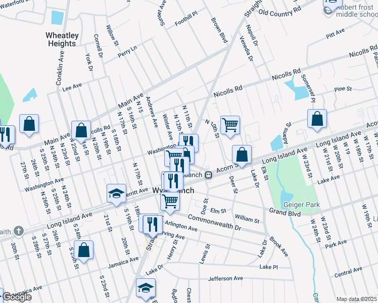 map of restaurants, bars, coffee shops, grocery stores, and more near 1621 Straight Path in Wheatley Heights