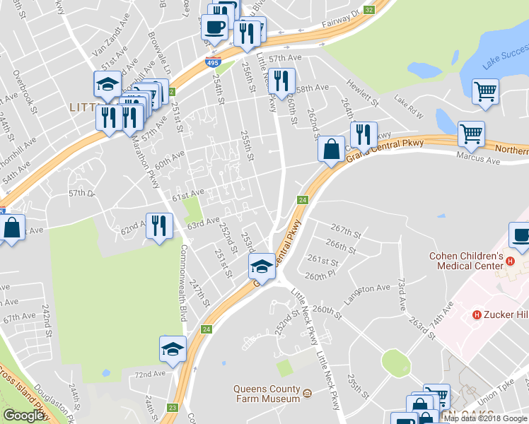map of restaurants, bars, coffee shops, grocery stores, and more near 63-4 255th Street in Queens