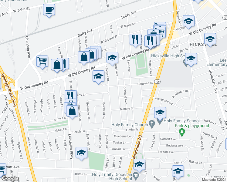 map of restaurants, bars, coffee shops, grocery stores, and more near 67 West Avenue in Hicksville