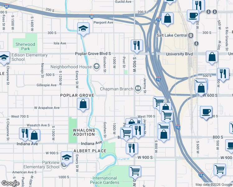 map of restaurants, bars, coffee shops, grocery stores, and more near 581 1000 West in Salt Lake City