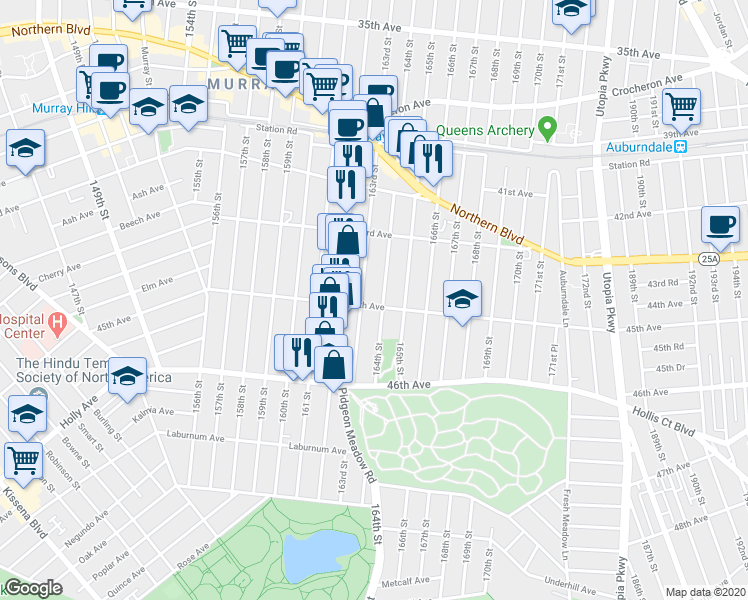 map of restaurants, bars, coffee shops, grocery stores, and more near 163-13 45th Avenue in Queens