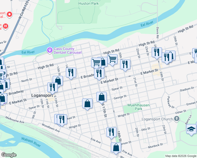 map of restaurants, bars, coffee shops, grocery stores, and more near 316 South 17th Street in Logansport