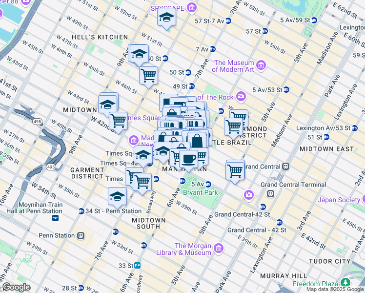 map of restaurants, bars, coffee shops, grocery stores, and more near 130 West 44th Street in New York