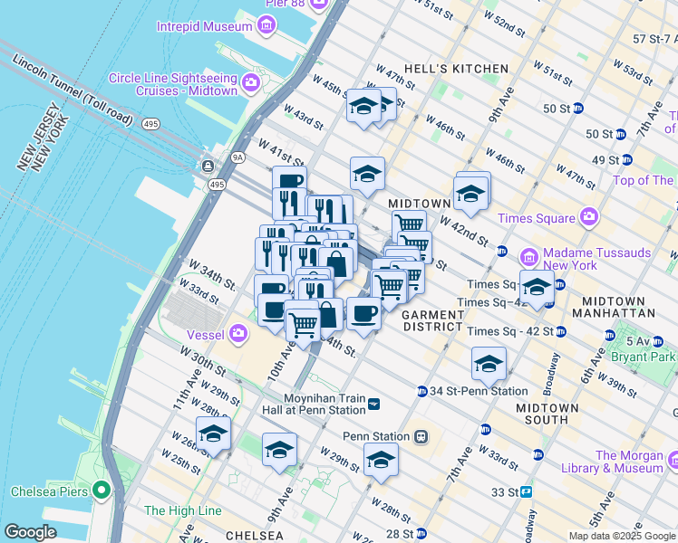 map of restaurants, bars, coffee shops, grocery stores, and more near 455 West 37th Street in New York