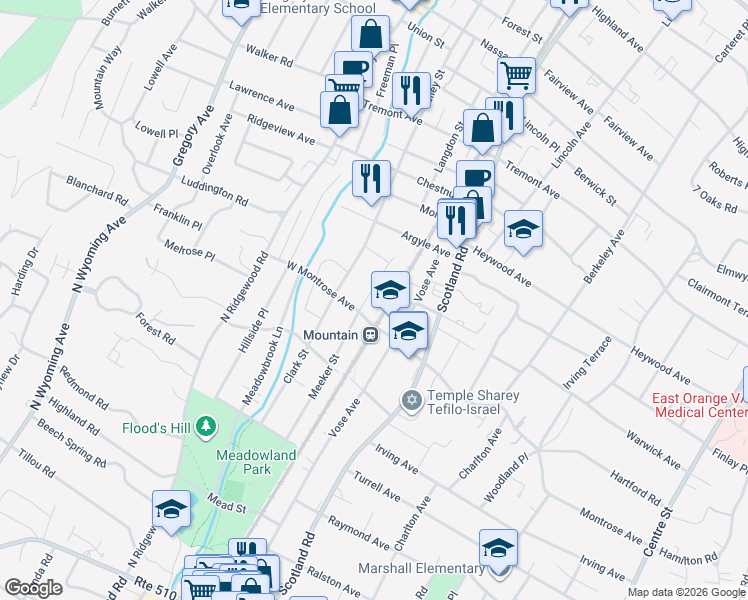map of restaurants, bars, coffee shops, grocery stores, and more near 8 East Clark Place in South Orange