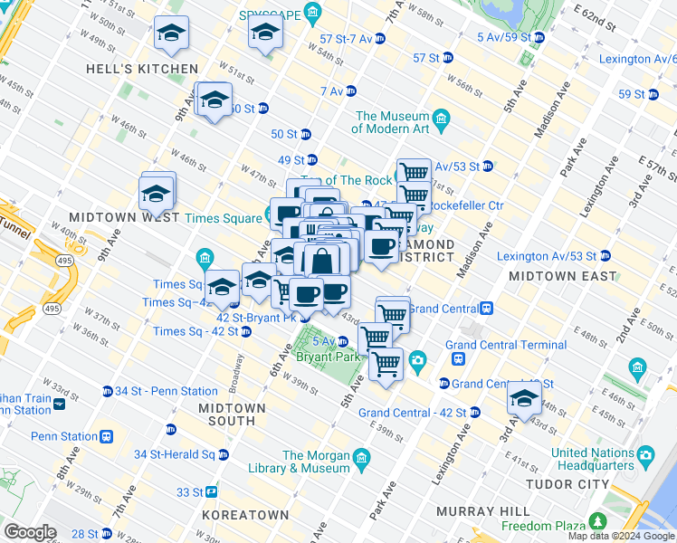 map of restaurants, bars, coffee shops, grocery stores, and more near 1156 Avenue of the Americas in New York
