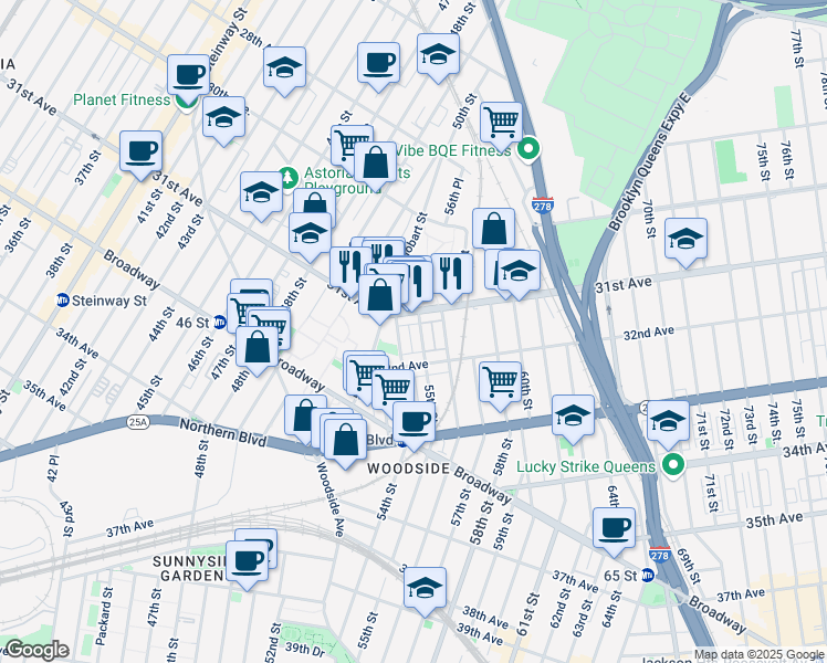 map of restaurants, bars, coffee shops, grocery stores, and more near 31-18 55th Street in Queens