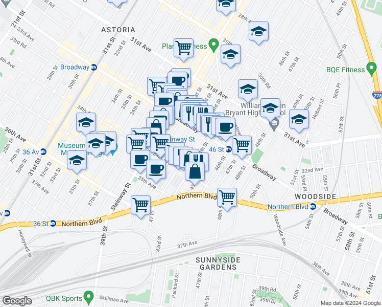 map of restaurants, bars, coffee shops, grocery stores, and more near 32-49 43rd Street in Queens
