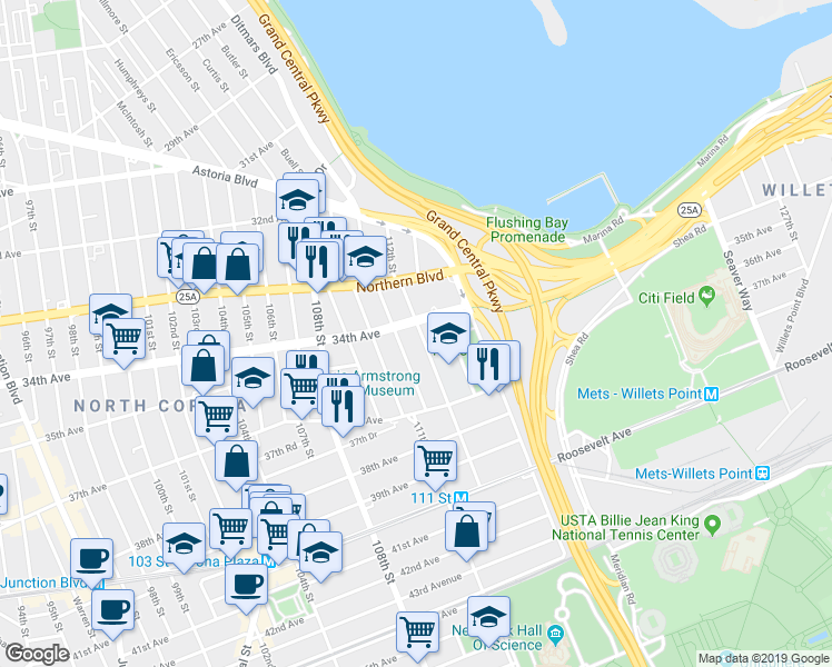 map of restaurants, bars, coffee shops, grocery stores, and more near 34-08 112th Street in Queens